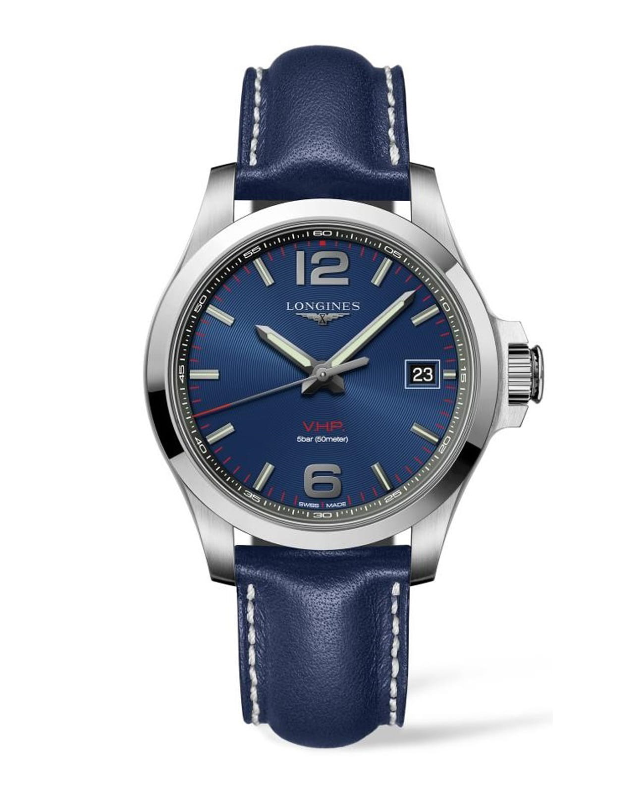 Longines Longines Conquest L3.726.4.96.7  L37264967 кварцевые мужские часы синий циферблат, браслет кожаный — вид спереди